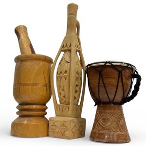 Wood Decorative Set/3 Collection Hollow Wooden Hand Carved Bottle/Drum/Mortar